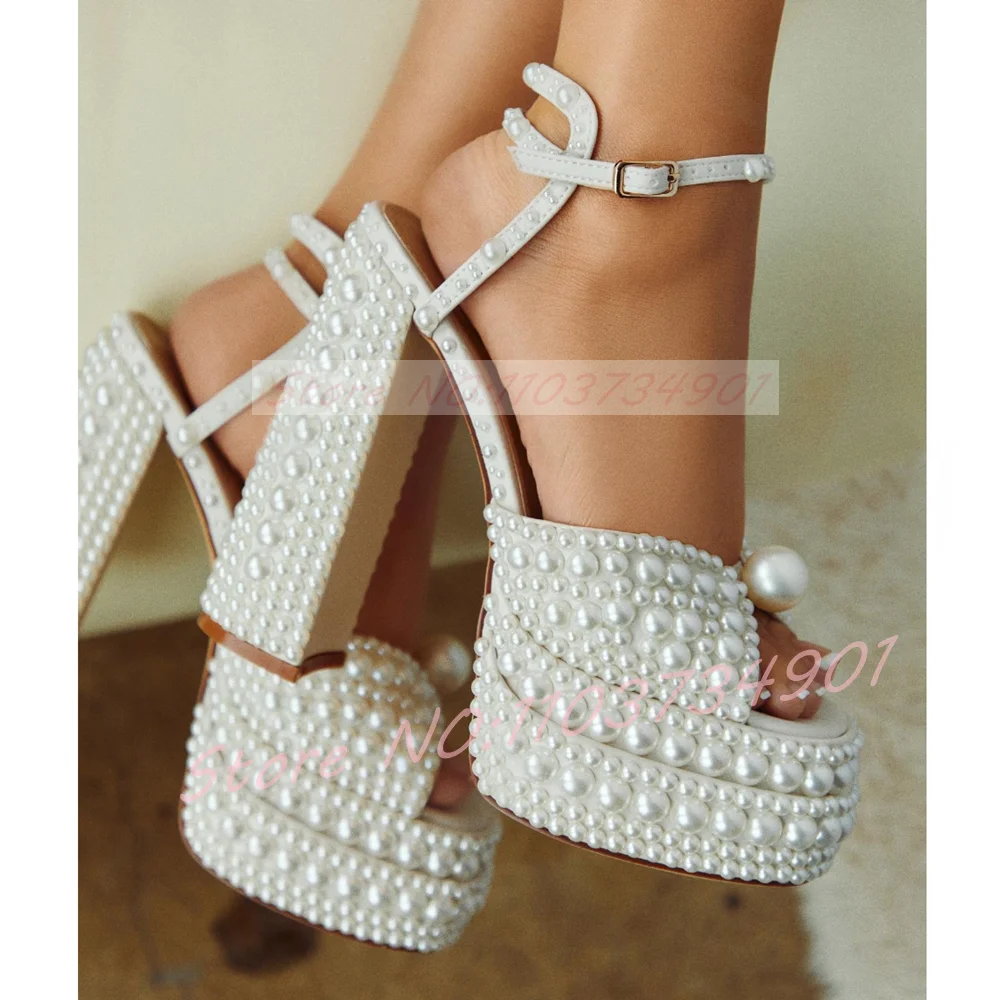 Wedding Shop - Weiße Perlen-Plateau-Sandalen für Damen, Knöchelriemen mit